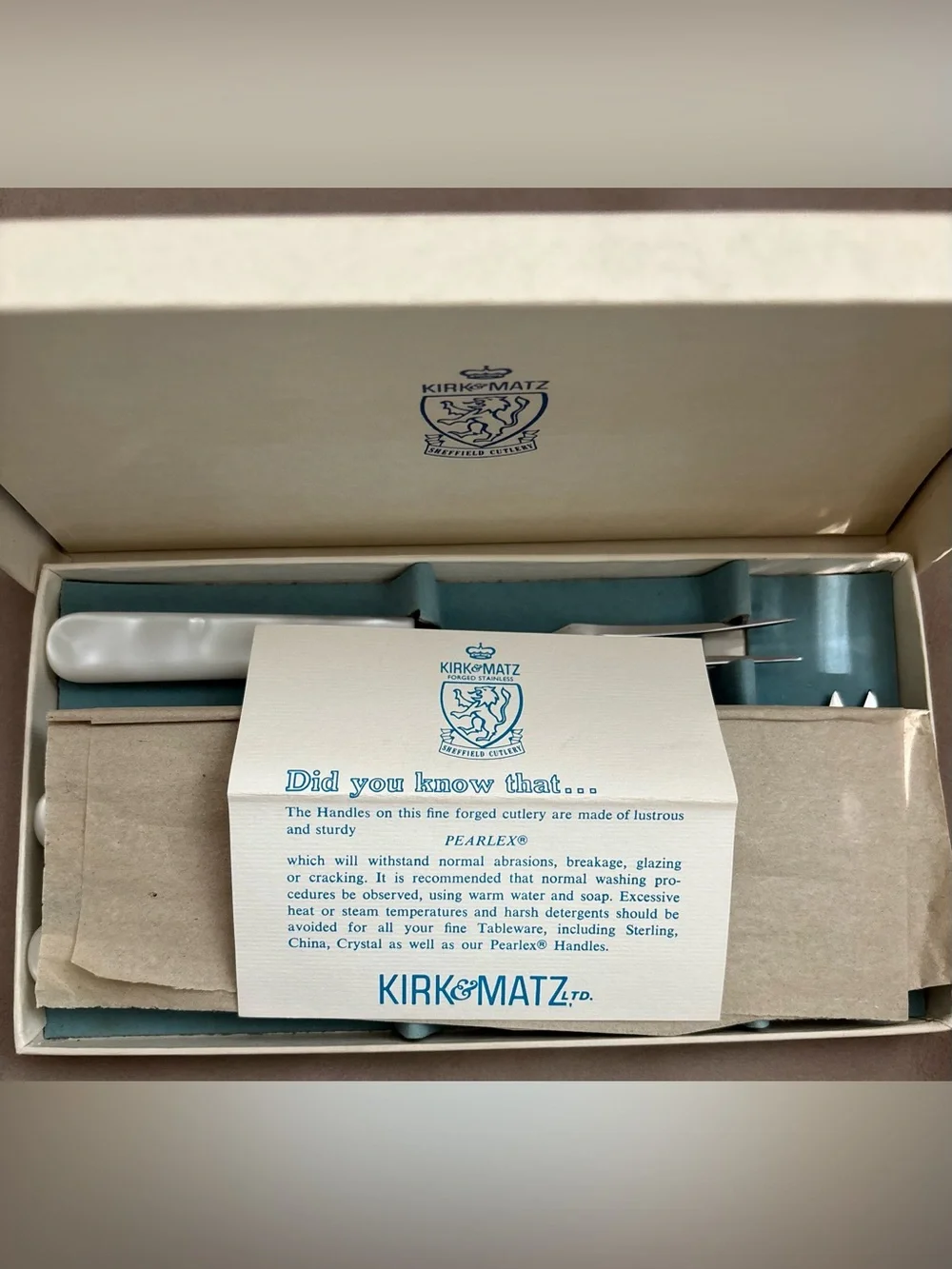 Vintage Kirk & Matz Sheffield 3pc Carving Set Pearlex Knife Fork Sharpener